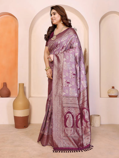 Elegant Lavender Pure Cotton Spun Saree - Jacquard Zari Weaving for Festive Occasions