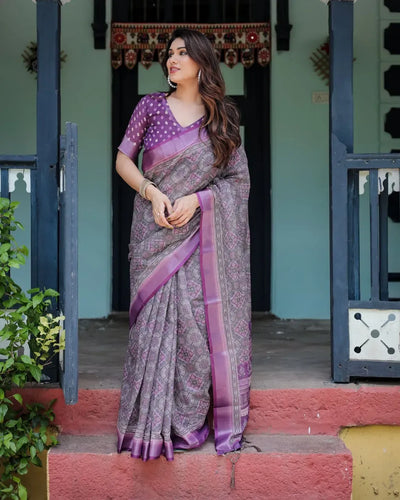 Elegant Lavender Purple Linen Cotton Saree - Intricate Textured Weave Festive Wear for Women