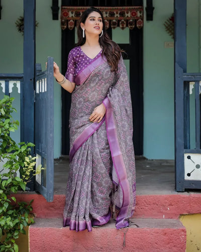 Elegant Lavender Purple Linen Cotton Saree - Intricate Textured Weave Festive Wear for Women