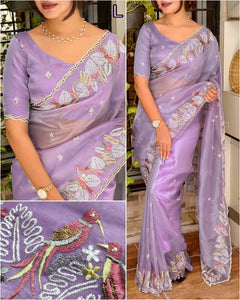 Elegant Leno Net Organza Saree - Intricate Thread Embroidery & Sequins for Festive & Party Wear