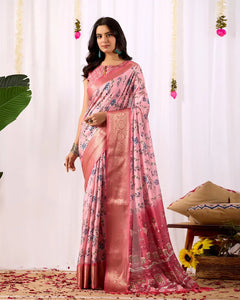 Elegant Lichi Silk Saree - Floral Digital Print with Woven Zari Border for Women