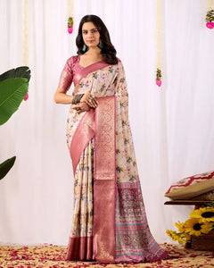 Elegant Lichi Silk Saree - Floral Prints & Zari Border Festive Wear for Women