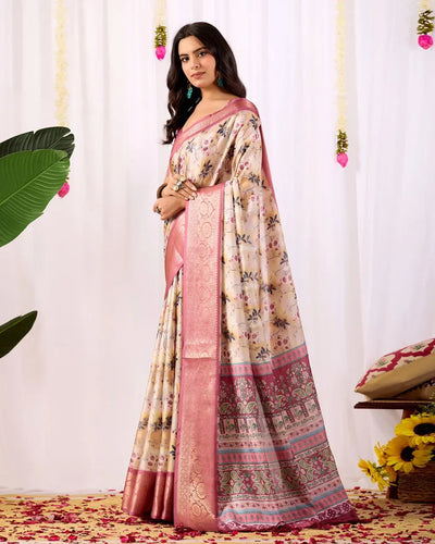 Elegant Lichi Silk Saree - Floral Prints & Zari Border Festive Wear for Women