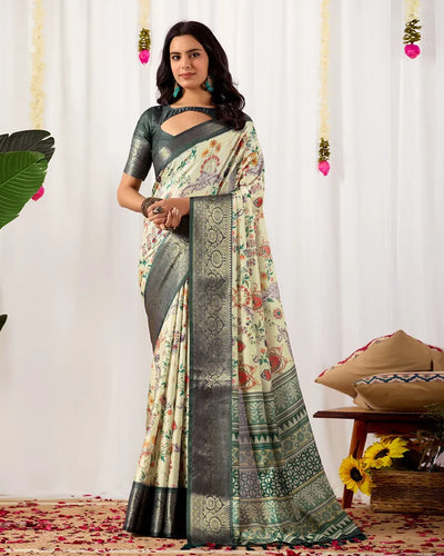 Elegant Lichi Silk Saree - Floral Prints & Zari Border for Festive Wear