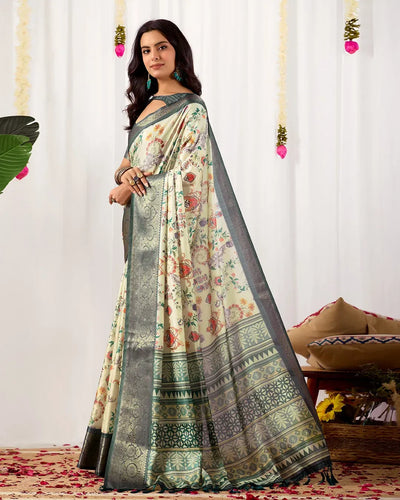 Elegant Lichi Silk Saree - Floral Prints & Zari Border for Festive Wear