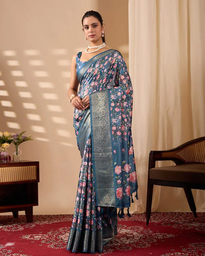 Elegant Lichi Silk Saree - Floral Prints & Zari Border for Festive Wear