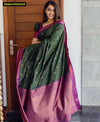 Premium Forest Green Lichi Silk Saree with Royal Purple Jacquard Border
