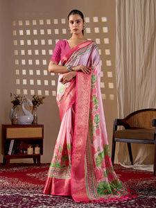 Elegant Lichi Silk Saree - Soft Floral Print with Rich Woven Border for Festive Wear