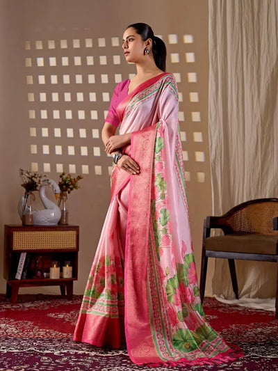 Elegant Lichi Silk Saree - Soft Floral Print with Rich Woven Border for Festive Wear