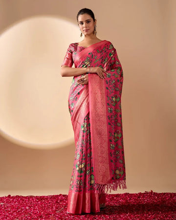 Elegant Lichi Silk Saree - Vibrant Floral Prints & Woven Zari Border for Festive Wear
