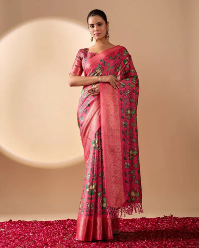 Elegant Lichi Silk Saree - Vibrant Floral Prints & Woven Zari Border for Festive Wear