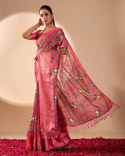 Elegant Lichi Silk Saree - Vibrant Floral Prints & Woven Zari Border for Festive Wear