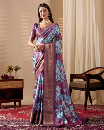 Elegant Lichi Silk Saree with Floral Print & Rich Zari Border - Festive Wear for Women