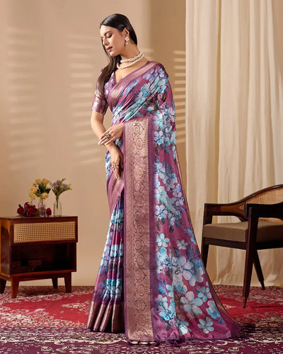 Elegant Lichi Silk Saree with Floral Print & Rich Zari Border - Festive Wear for Women