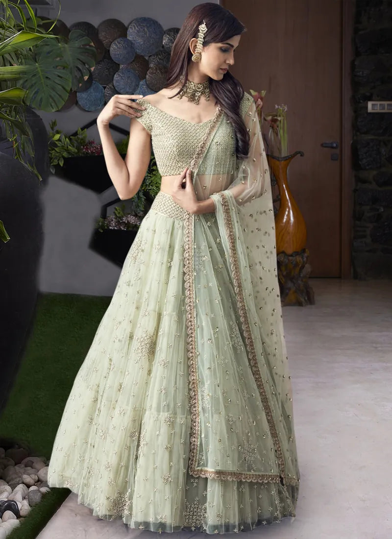 Light Green Net Lehenga Choli with intricate embroidery for weddings