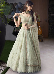 Premium Light Green Net Lehenga Choli with Exquisite Floral Embroidery for Weddings