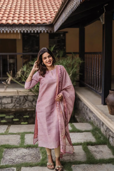 Elegant Light Peach Jacquard Butti Kurti Set with Printed Dupatta | S-XXL