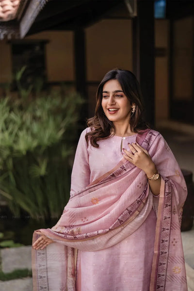 Elegant Light Peach Jacquard Butti Kurti Set with Printed Dupatta | S-XXL