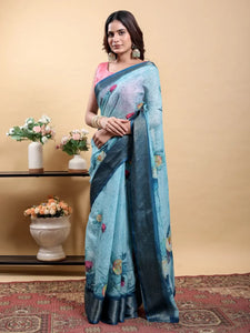 Elegant Linen Cotton Floral Saree with Contrast Zari Border | Festive Wear for Women