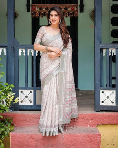 Elegant Linen Cotton Ikat Saree with Silver-Grey Border