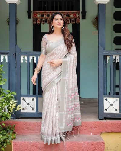 Elegant Linen Cotton Ikat Saree with Silver-Grey Border