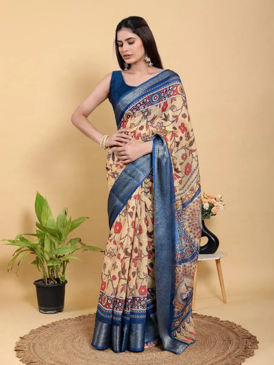 Elegant Linen Cotton Kalamkari Saree with Peacock Pallu for Festive Wear