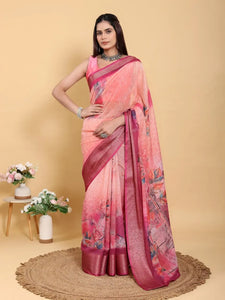 Elegant Linen Cotton Saree - Abstract Floral Print Festive Wear