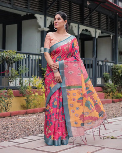 Elegant Linen Cotton Saree - Artistic Floral Print Festive Wear for Women