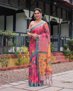Elegant Linen Cotton Saree - Artistic Floral Print for Festive Wear