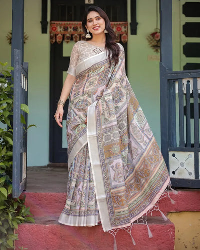 Elegant Linen Cotton Saree - Artistic Pastel Tribal Print for Festive Wear