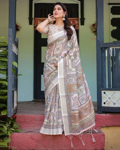 Elegant Linen Cotton Saree - Artistic Pastel Tribal Print for Festive Wear