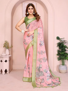 Elegant Linen Cotton Saree - Breathable Floral Drape for Festive Wear
