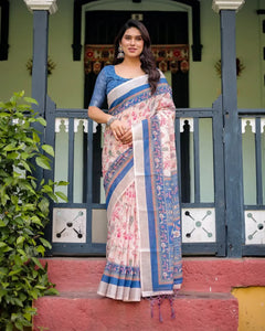 Elegant Linen Cotton Saree - Breathable Floral Print for Festive Wear