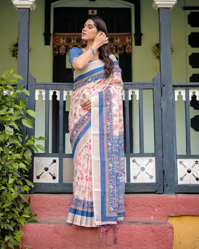 Elegant Linen Cotton Saree - Breathable Floral Print for Festive Wear
