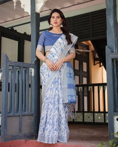 Elegant Linen Cotton Saree - Breathable Floral Vine Print for Summer & Festive Wear