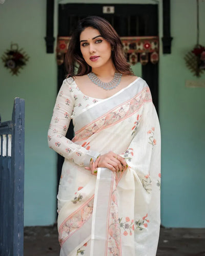 Elegant Linen Cotton Saree - Breathable Pastel Floral Festive Wear for Women