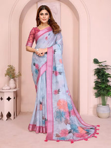 Elegant Linen Cotton Saree - Breathable Pastel Floral Prints for Festive Wear