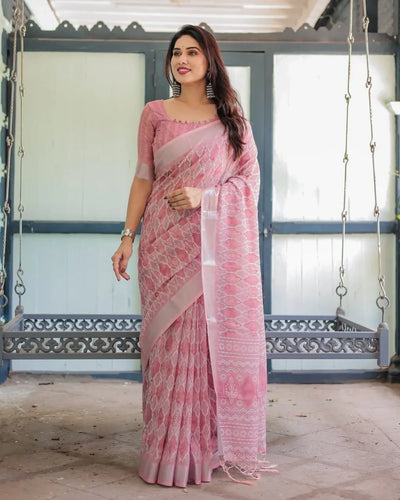 Elegant Linen Cotton Saree - Breathable Wave Print Festive Wear