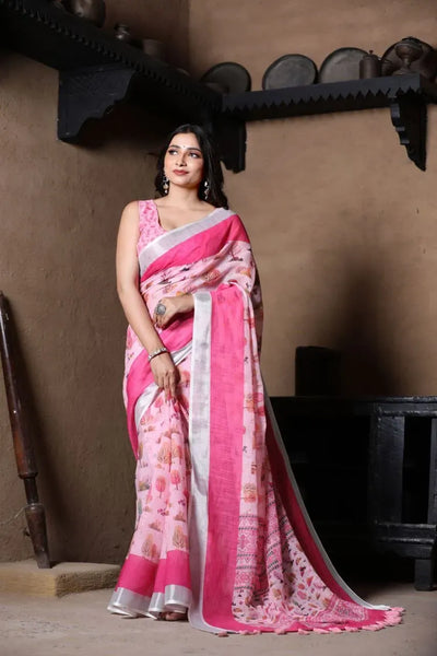 Elegant Linen Cotton Saree - Broad Contrast Zari Border Festive Wear for Women