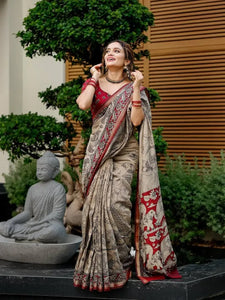 Elegant Linen Cotton Saree - Digital Elephant Print Festive Wear for Women