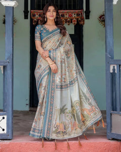 Elegant Linen Cotton Saree - Digital Floral Print Festive Wear for Women