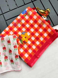Elegant Linen Cotton Saree - Festive Floral Print for Women