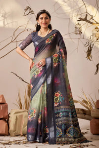 Elegant Linen Cotton Saree - Festive Floral Wear for Women