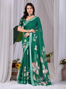 Elegant Linen Cotton Saree - Floral Digital Print Festive Wear for Women