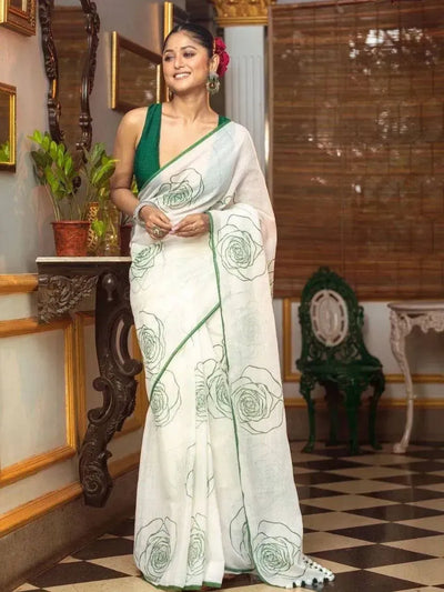 Elegant Linen Cotton Saree - Floral Digital Print Festive Wear for Women