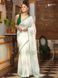 Elegant Linen Cotton Saree - Floral Digital Print Festive Wear for Women