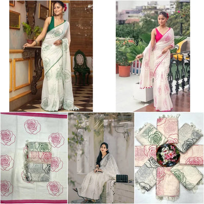 Elegant Linen Cotton Saree - Floral Digital Print Festive Wear for Women