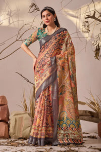 Elegant Linen Cotton Saree - Floral Festive Wear for Women