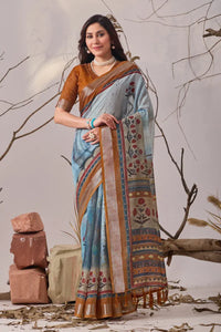 Elegant Linen Cotton Saree - Floral Festive Wear for Women