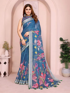 Elegant Linen Cotton Saree - Floral Festive Wear for Women